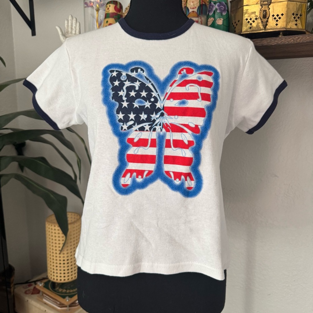 Vintage Y2K American Flag Butterfly Ringer Graphic Baby Doll T-Shirt